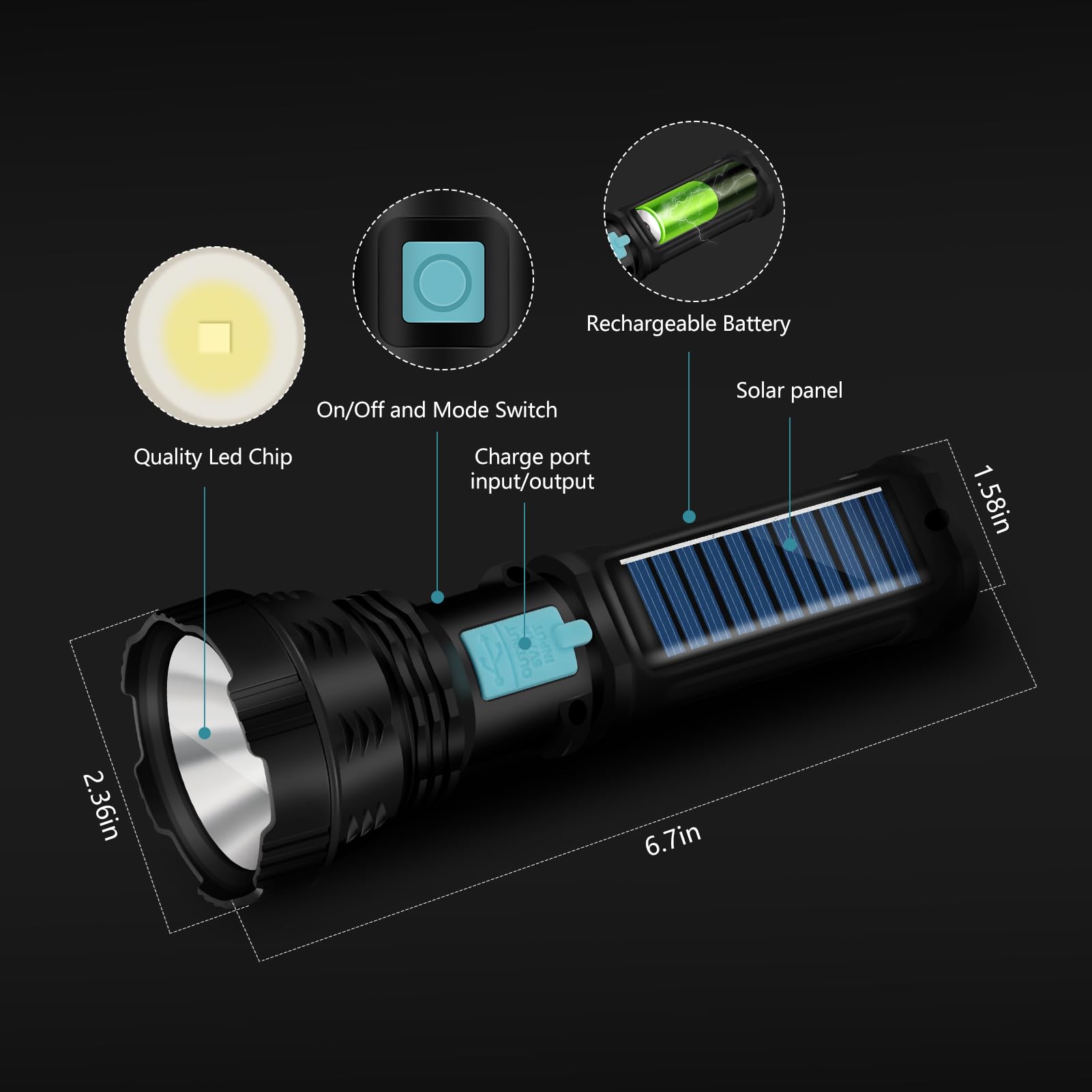 Voetir Led Solar Flashlight, 1500 Lumens Led Solar Handheld Rechargeable Flashlights With Ip65 Waterproof, 2000Mah Battery For S