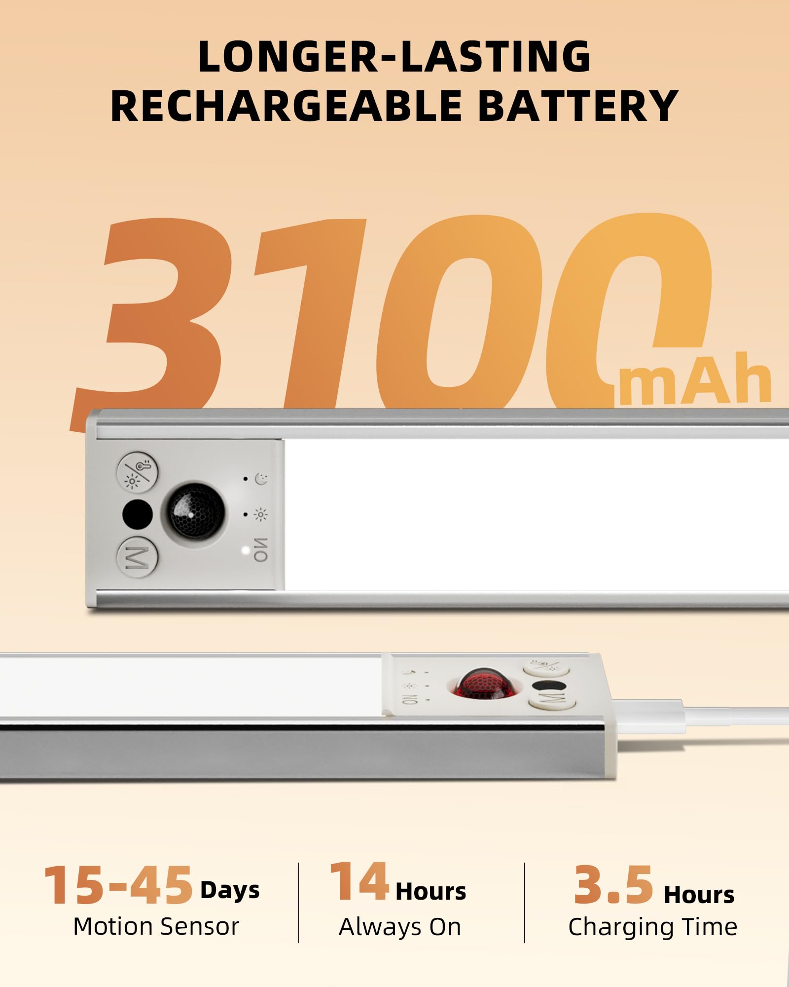 EZVALO 12" Under Cabinet Lighting - Rechargeable Motion Sensor, Dimmable, Magnetic, 3 Color Temperatures, Aluminum (2 Pack)