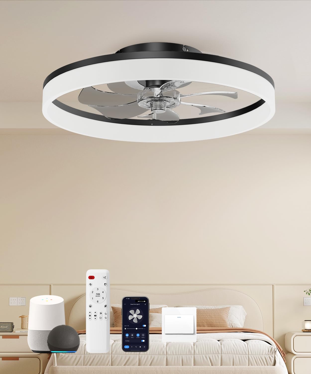 AQUBT Smart Ceiling Fan with Light, 20in  Low Profile, 6-Speed, Dimmable LED, Alexa/APP Control, Black, Model 1138-Bwifi