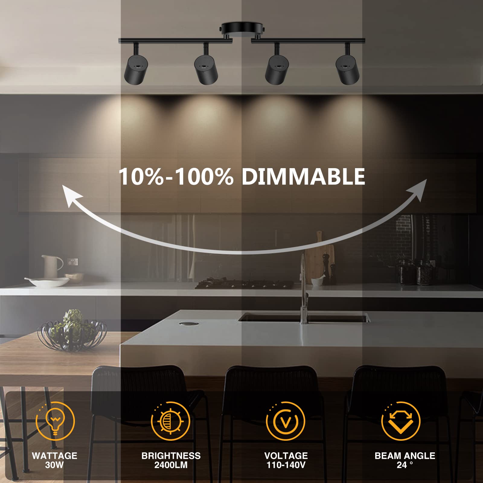 Vanoopee 5-Color 4 Light Black Led Track Lighting Fixtures Ceiling For Kitchen, Dimmable Track Lighting Kit, Ceiling Spotlight F