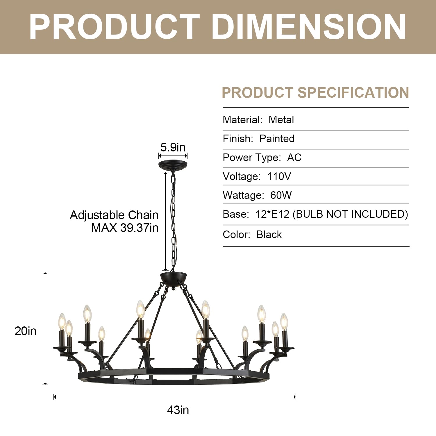 Brfaixla 43'' Wagon Wheel Chandelier 12 Lights Industrial Black Metal Ceiling Pendant Chandelier Rustic Hanging Lights Adjustabl