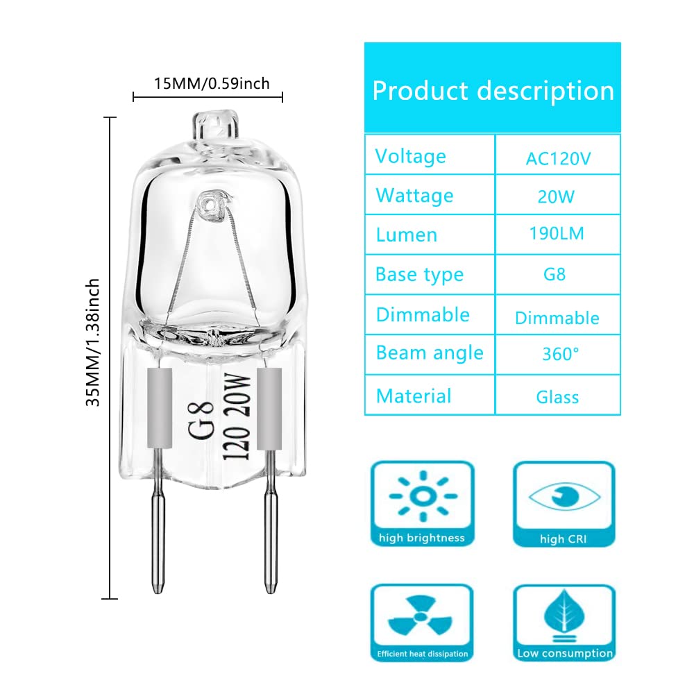 AHEVO G8 20W Dimmable Halogen Light Bulbs, Warm White, 10 Pack, Bi-Pin T4 JCD for Under Cabinet Puck Lighting