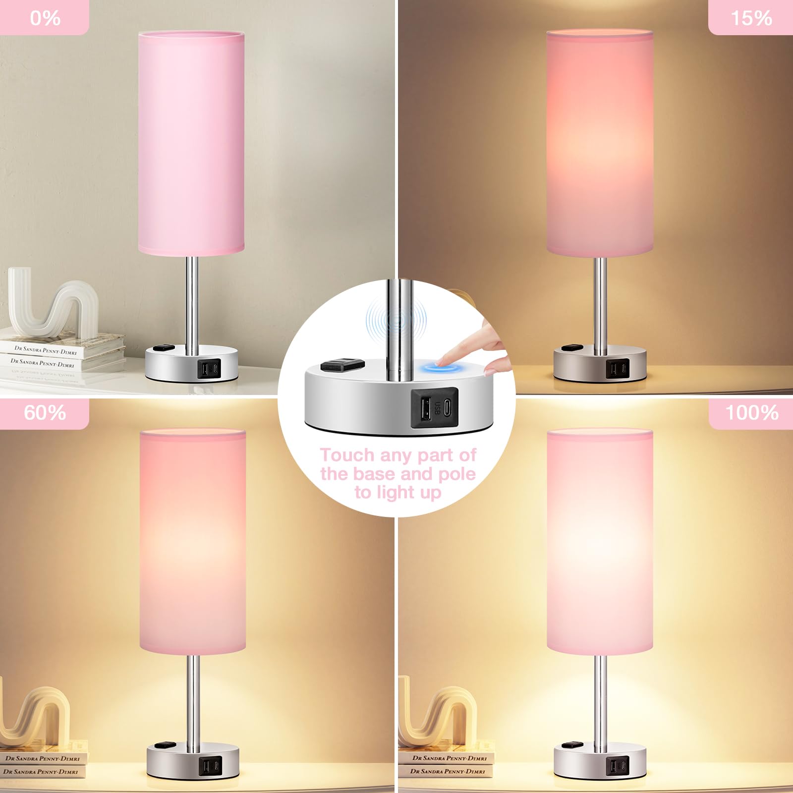 Fenmzee Pink Touch Table Lamp - 3 Way Dimmable, USB C Ports, 14" Size, LED Bulb Included, Perfect for Bedroom Nightstand