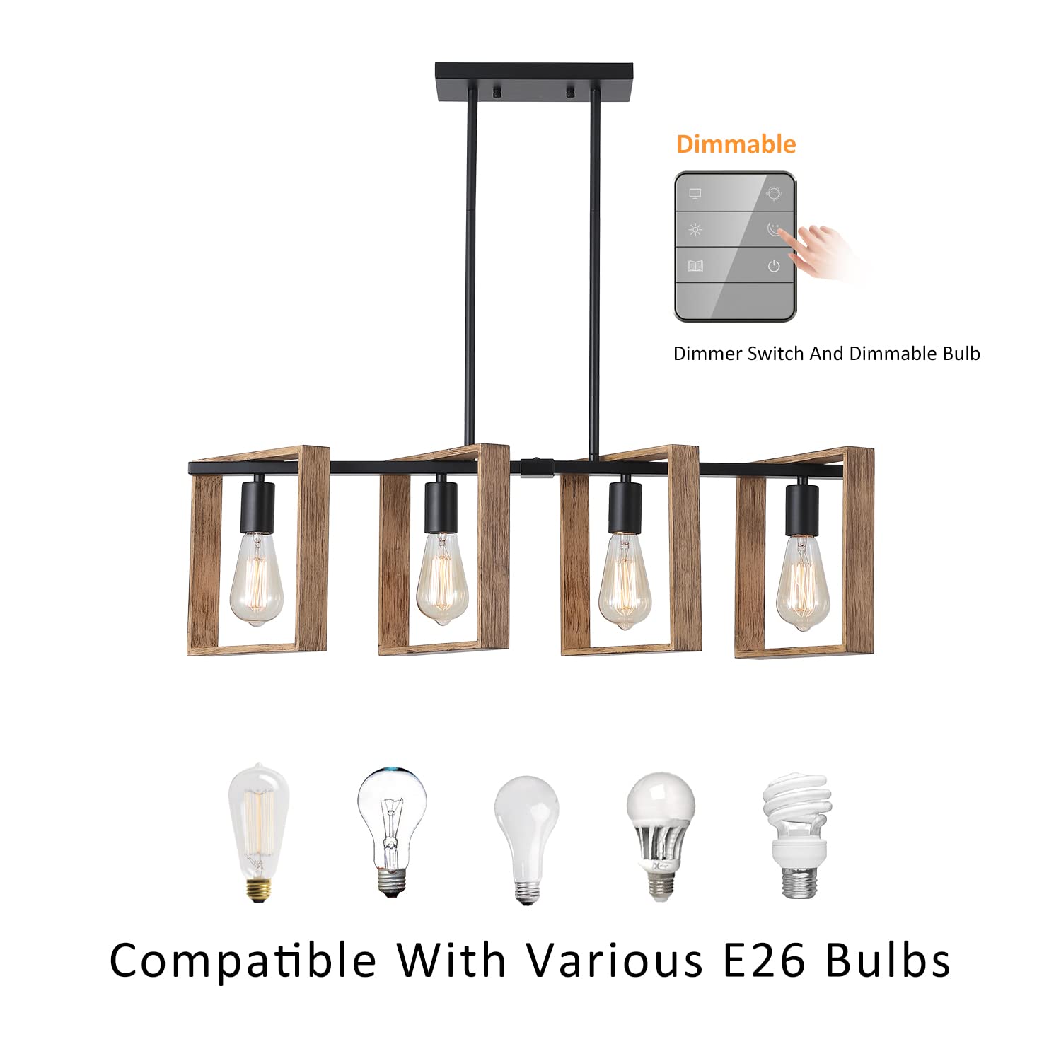 9Mmml 4 Lights Island Light For Kitchen,Farmhouse Industrial Rectangle Pendant Light, Black Body+Wood Frame Vintage Chandelier For Dining&Living Room Pool Table Hallway Entryway Foyer,E26