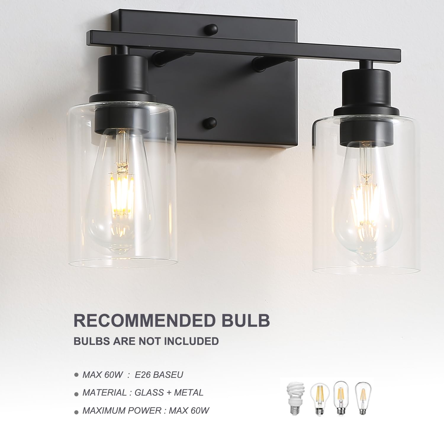 Jodauirt 2-Lights Wall Lighting Matte Black Bathroom Vanity Light Fixtures,Vintage E26 Base Wall Sconces With Clear Glass Shades, Farmhouse Modern Wall Lighting ?For Hallway,Bedroom,Living Room