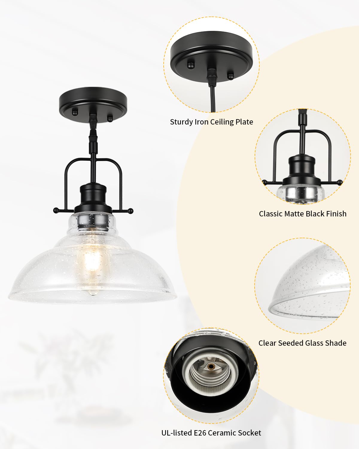 Wilon Seeded Glass Pendant Lights Kitchen Island Lighting, Black Modern Farmhouse Pendant Light Fixture With E26 Base, Vintage H