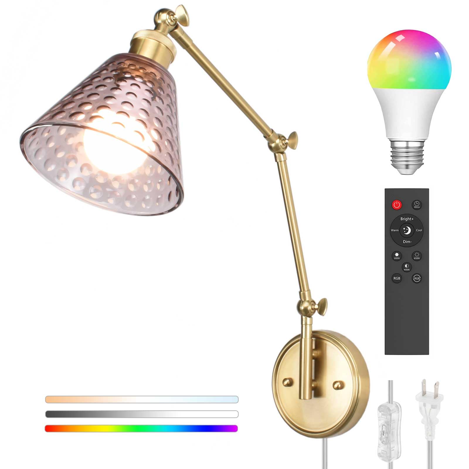 BARSUNS Swing Arm Wall Sconce, Adjustable Brightness, RGBW Bulb, Gold Lamp Body & Coffee Shade, Model BS-WL351YC-B, Plug-in/Hardwire