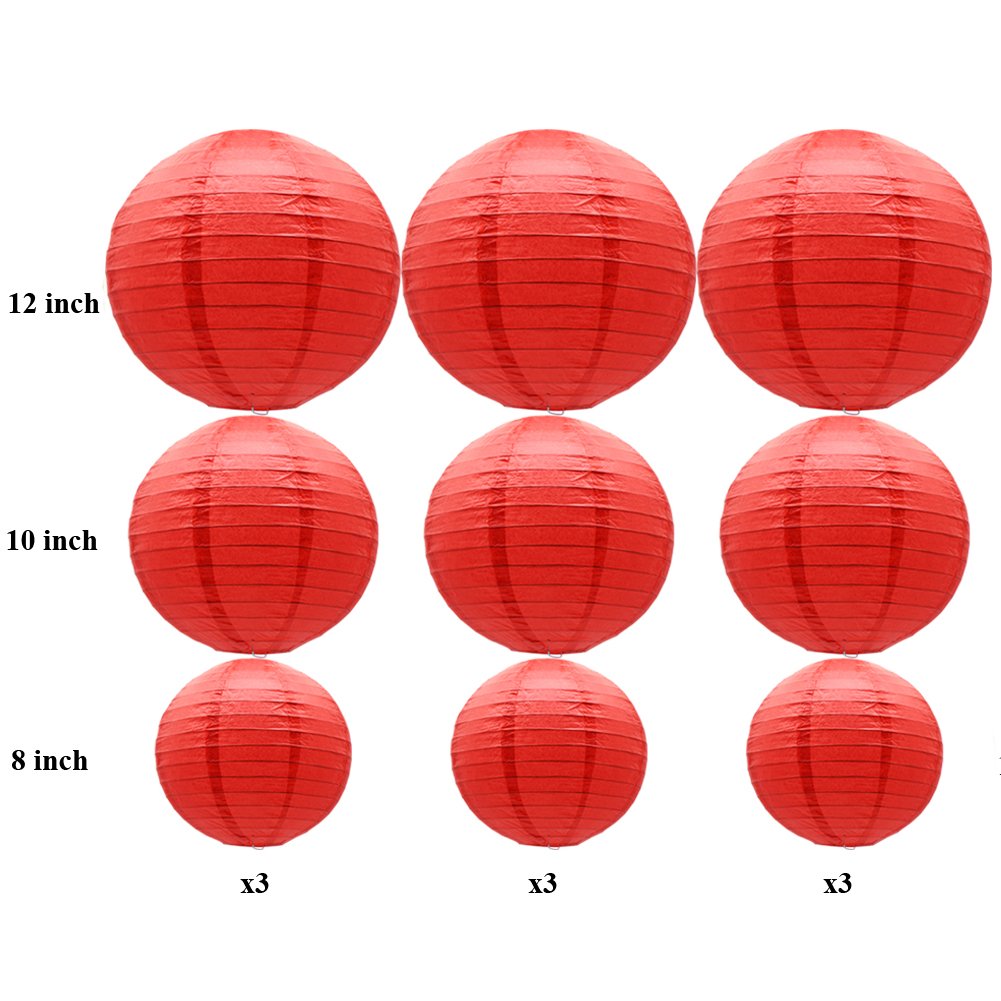 Adlkgg Round Hanging Paper Lanterns Decorations For Party Wedding Birthday Baby Showers Christmas Supplies, Red 9 Pack