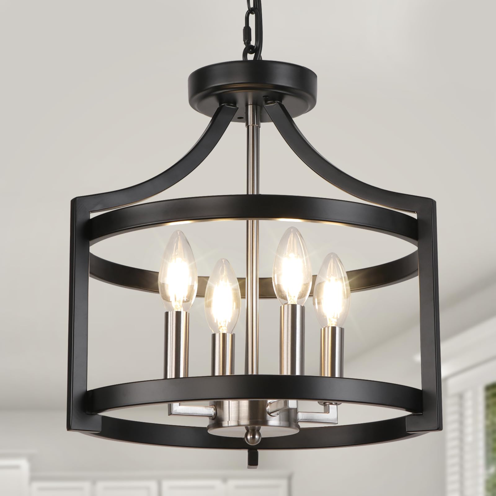 Lynpon Black And Brushed Nickel Chandelier 4 Lights, Modern Farmhouse Convertible Semi Flush Mount Ceiling Light, Rustic Round C