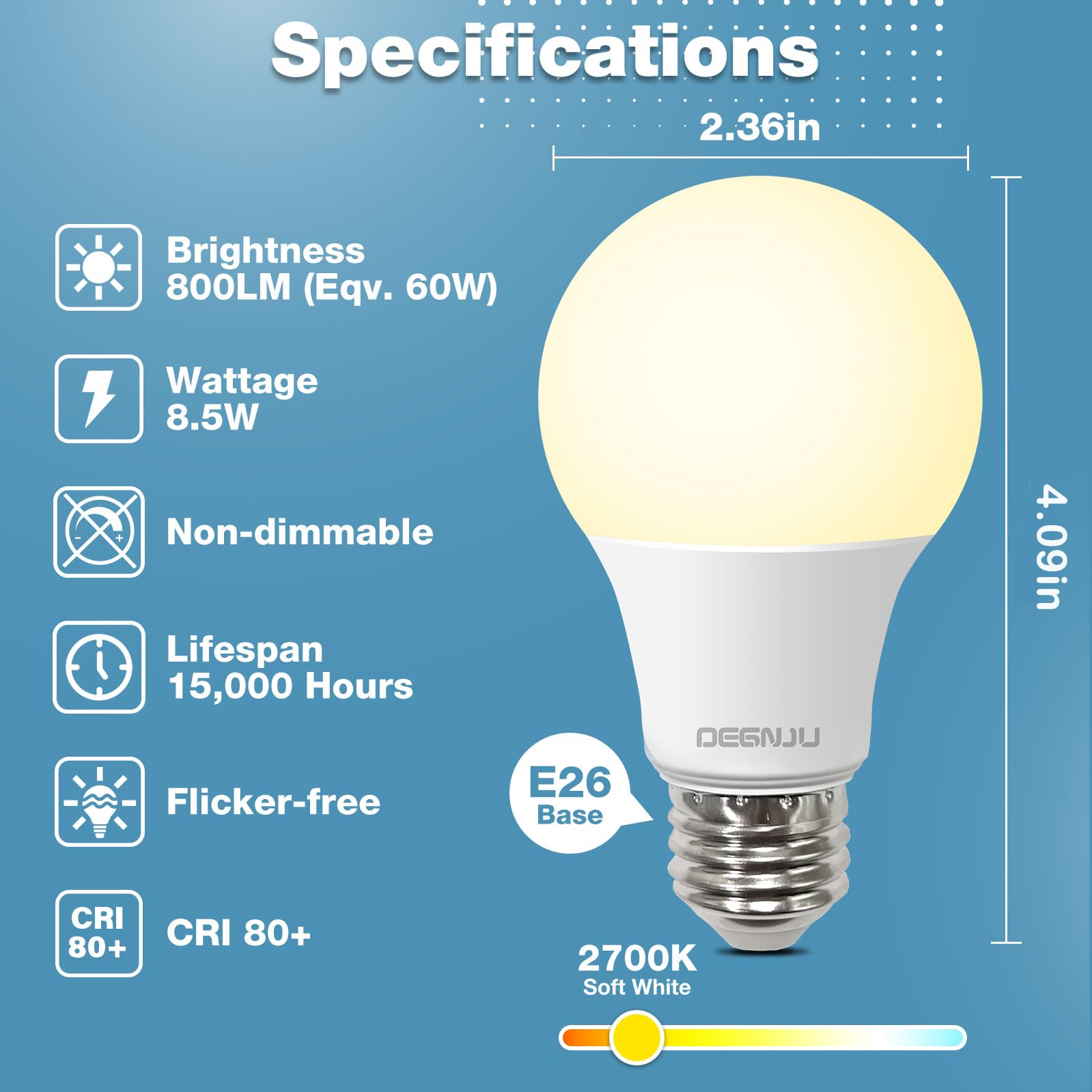 DEGNJU LED Light Bulbs, 60 Watt Equivalent LED Bulbs A19, 2700K Soft White, 800 Lumens, E26 Standard Base, Non-Dimmable, 8.5W Wa