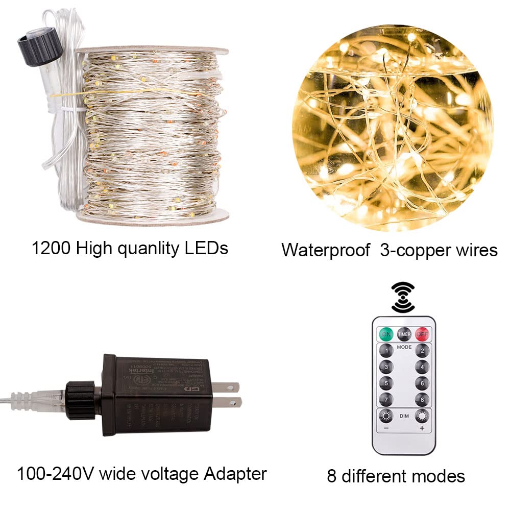 Resnice Warm White Fairy String Lights 400Ft Long 1200 Led Waterproof Plug In String Lights With Remote For Living Bed Room, Backyard, Patio, Garden, Porch, Wedding Or Christmas
