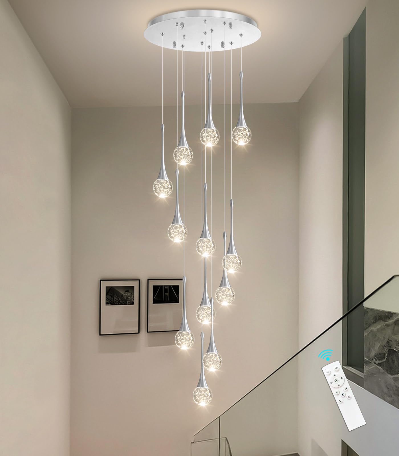 cenozo Modern Glam Crystal Chandelier, 118" Brushed Nickel, 12 Lights, LED Dimmable for High Ceilings, Staircase & Living Room Lighting