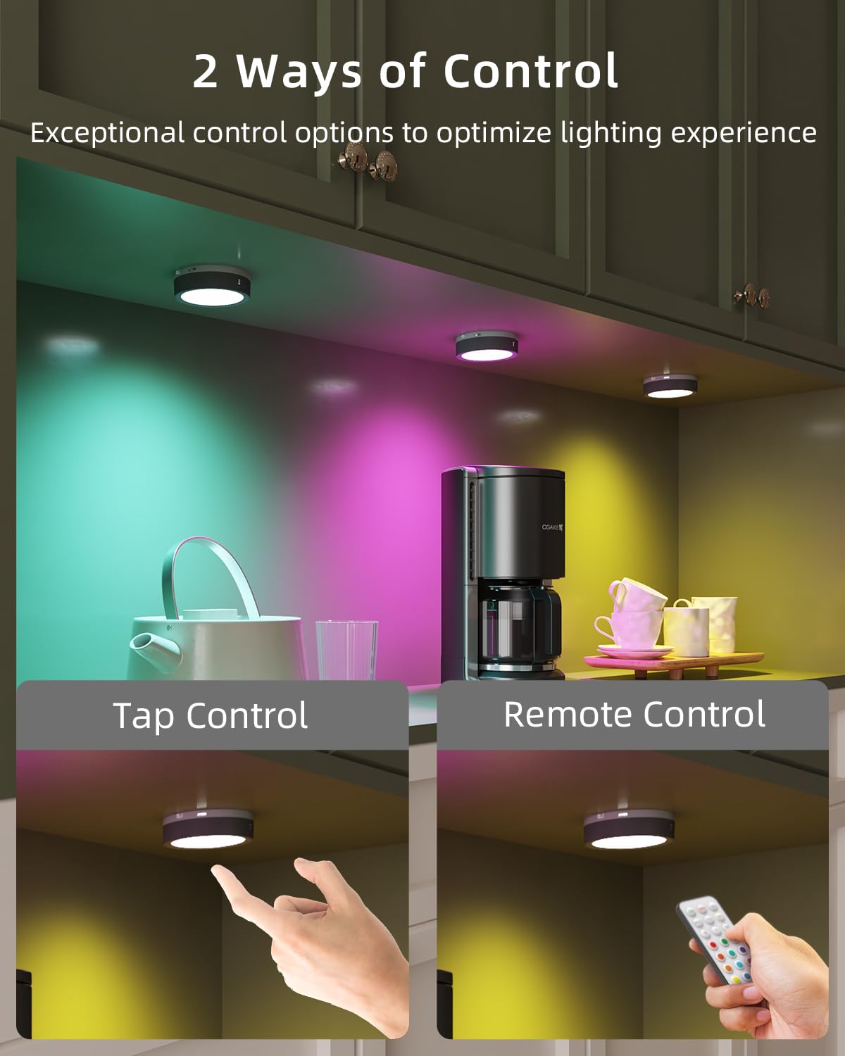 HiDure Rechargeable Color Changing Puck Lights, 6 Pack RGBW LED Battery Operated Touch Light with Remote for Closets and Cabinets