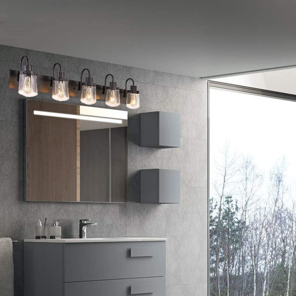 Yaohong Black Bathroom Vanity Light Fixture with 5 Glass Globe Shades, Model AT9064WL5-BK for Hallway, Kitchen, Living Room