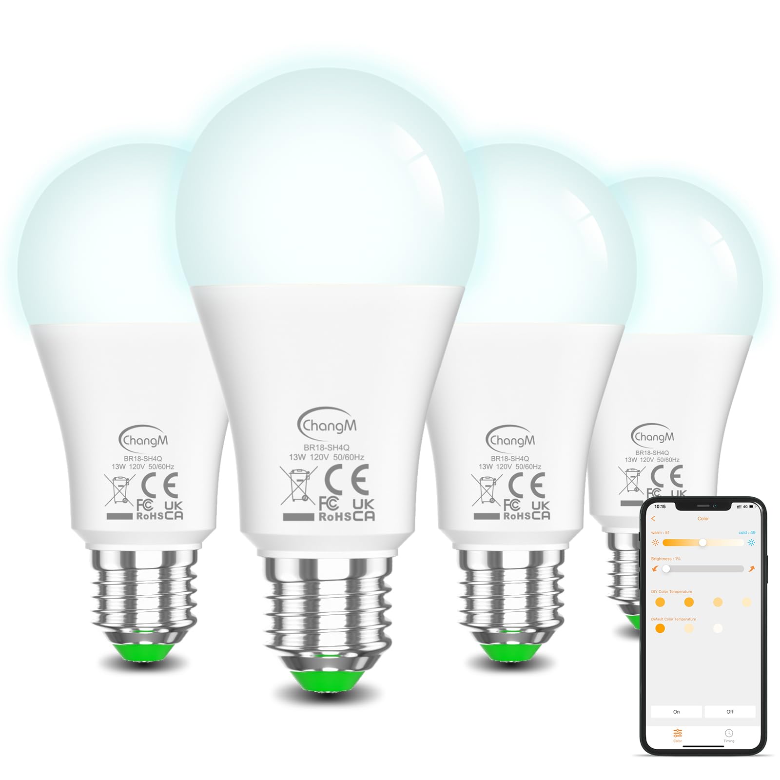 Smart Light Bulbs 13W E26 Smart Led Light Bulb Compatible With Alexa Warm White To White A19 App Control Bulb Bluetooth Mesh 4 P