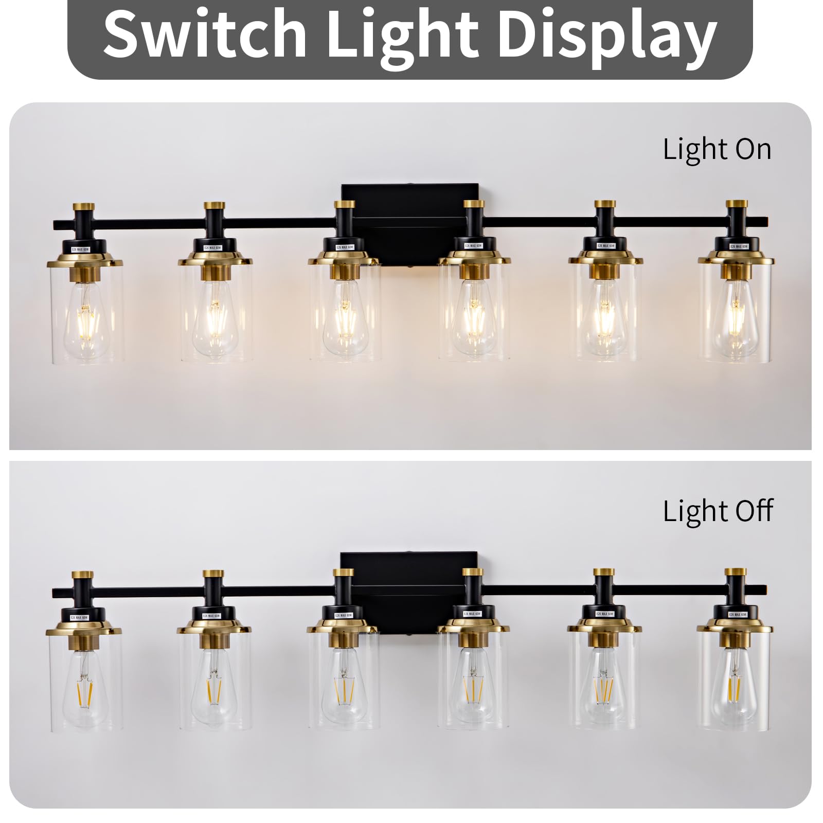 Aixialin 6 Bathroom Vanity Lights, Black And Gold Bathroom Light Fixtures, Sconces Wall Lighting With Clear Glass Shade, Modern