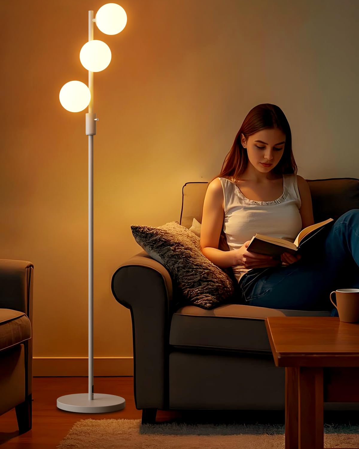 ACOHOOK 64IN Dimmable White Floor Lamp, Tall Standing Lamps with 3 Globe Soft Warm White Eye Care 3000K G9 Bulbs, Mid Century Mo