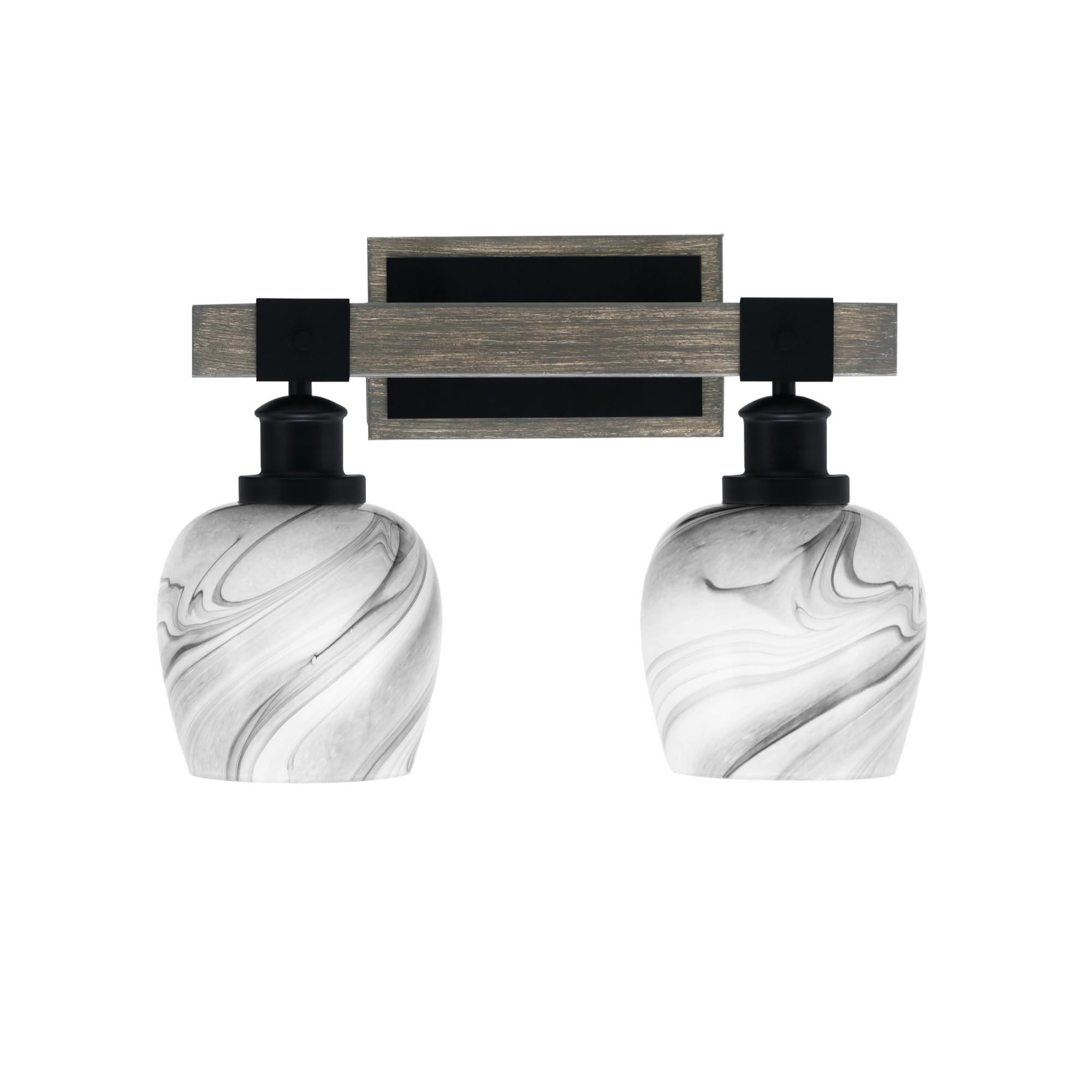 Toltec Lighting Tacoma 2 Light Bath Bar, Matte Black & Distressed Wood-Look Metal, 6in Onyx Swirl Glass