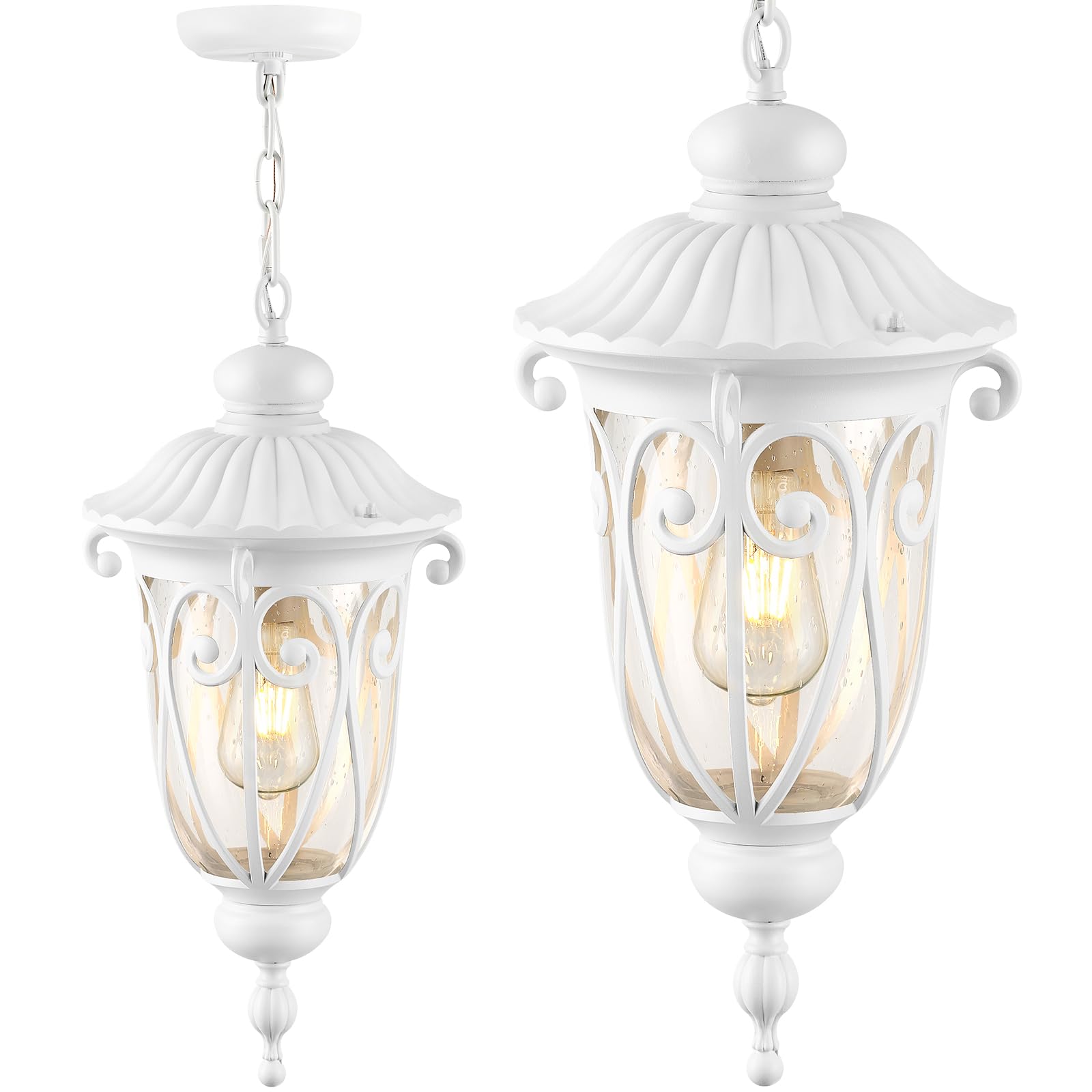 VIANIS Large Outdoor Pendant Light Lantern, White Modern Outdoor Chandelier, Handcrafted Hanging Outdoor Lights with Seed Glass,