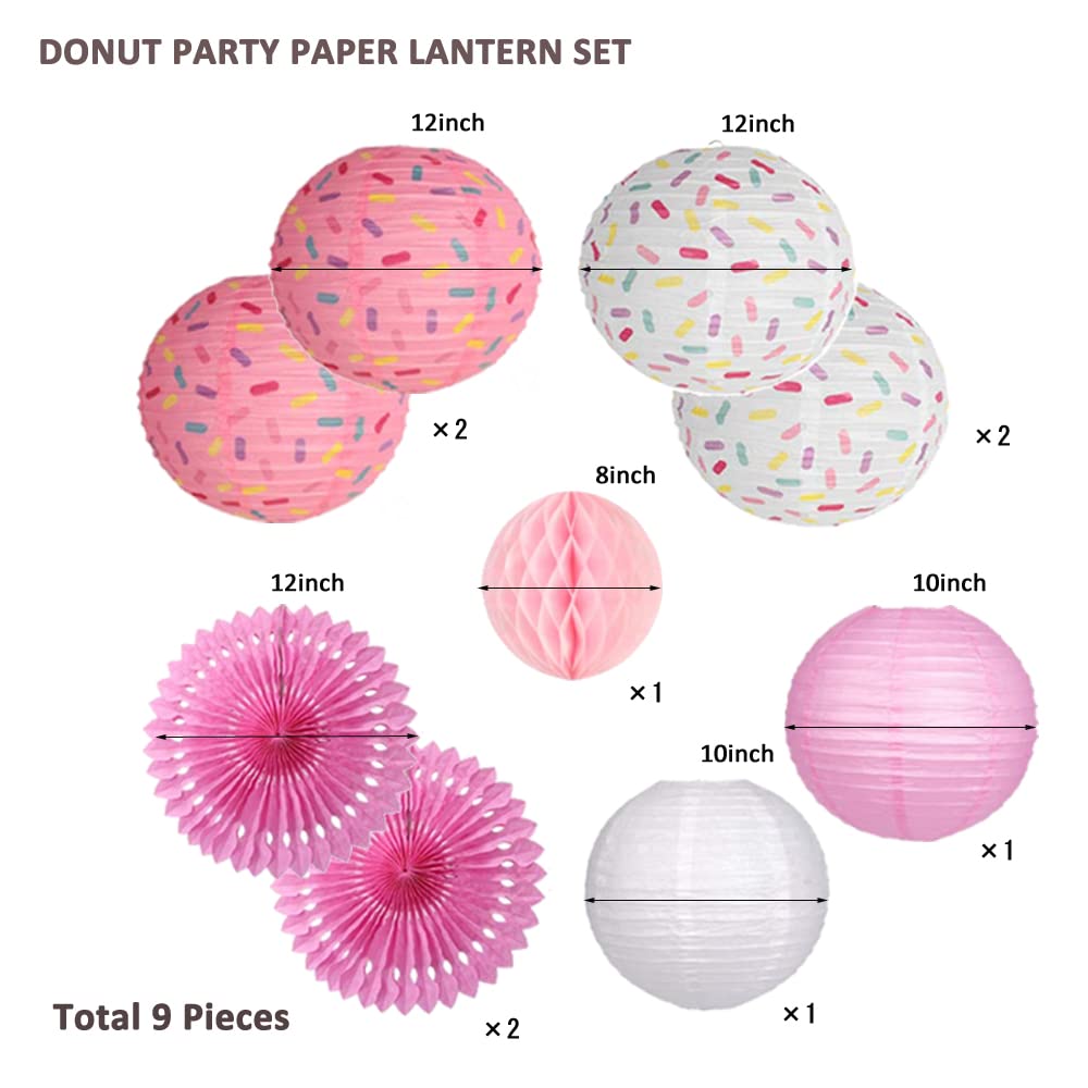Donut Birthday Party Decorations, 9 Pieces Reusable Pink Round Donut Party Hanging Paper Lanterns, Supplies, Honeycomb Ball Paper Fan For Baby Shower Kids Birthday Party Home Decor