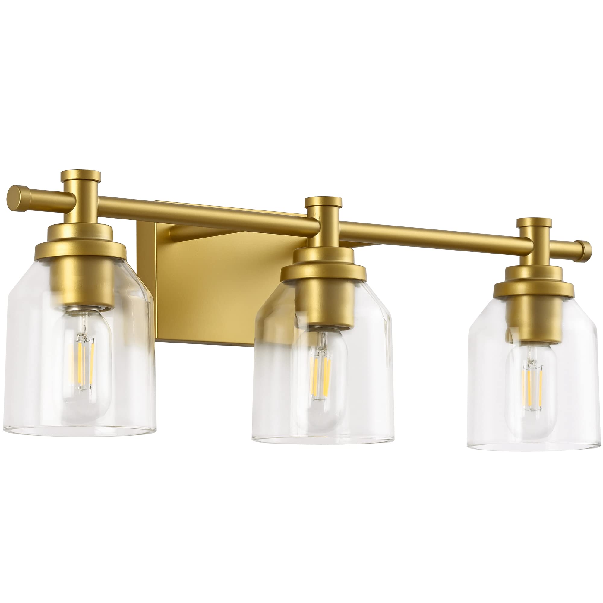 SOLFART 3-Light Bathroom Vanity Light Fixtures, Vintage Gold, Glass Shade with Metal, Over Mirror Wall Lighting