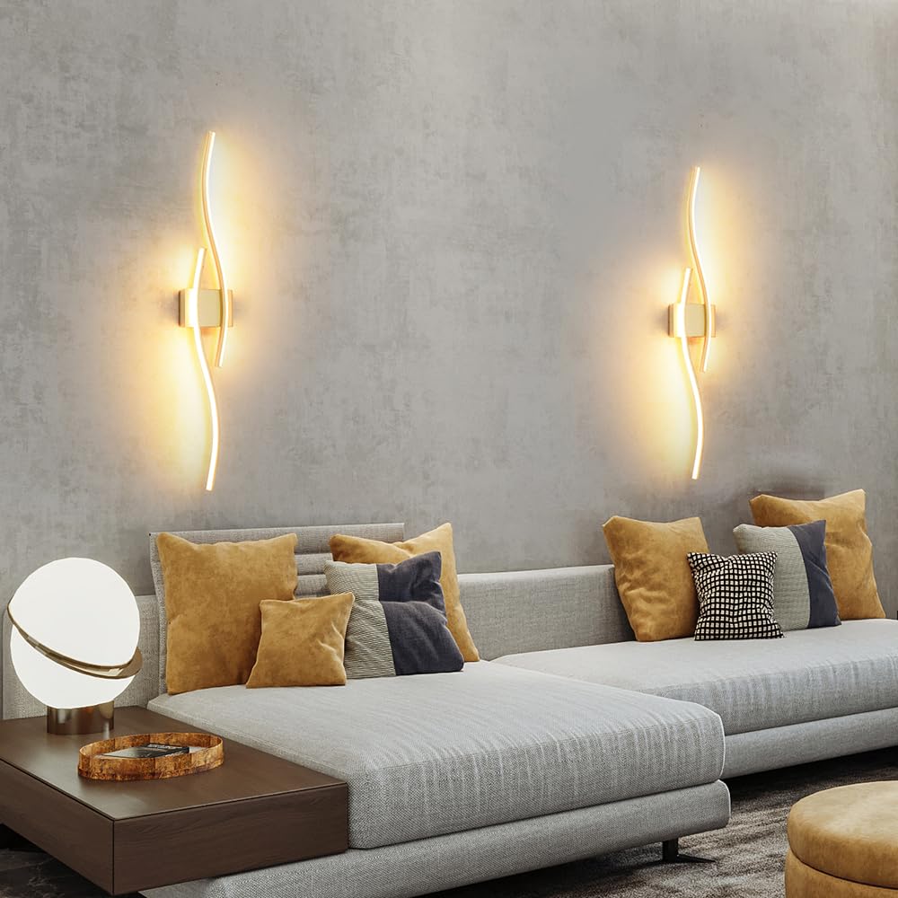 Daunton Modern Wall Sconces Set of 2, Dimmable LED, Gold, 40.5in, Hardwired, Remote Control, Indoor Lighting for Living Room, Bedroom