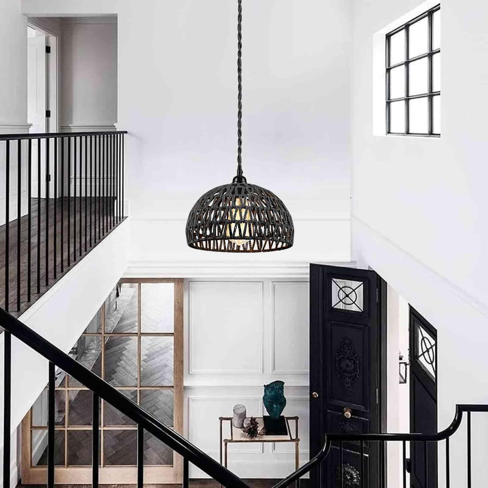 Arcomead Black Woven Rattan Pendant Light With Hemp Cord - Coastal Chandelier For Home Decor