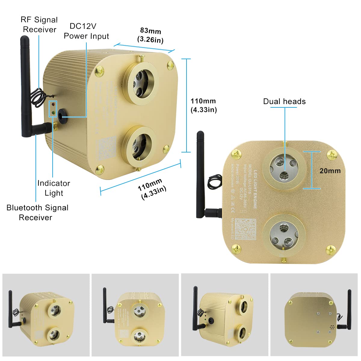 Azimom Dual Port 20W Twinkle Fiber Optic Starlight Box Sound Activated Rgbw Fiber Optic Light Source App/Remote Control Dual Head Light Engine Driver For Car Home Ceiling Star Lighting Decor
