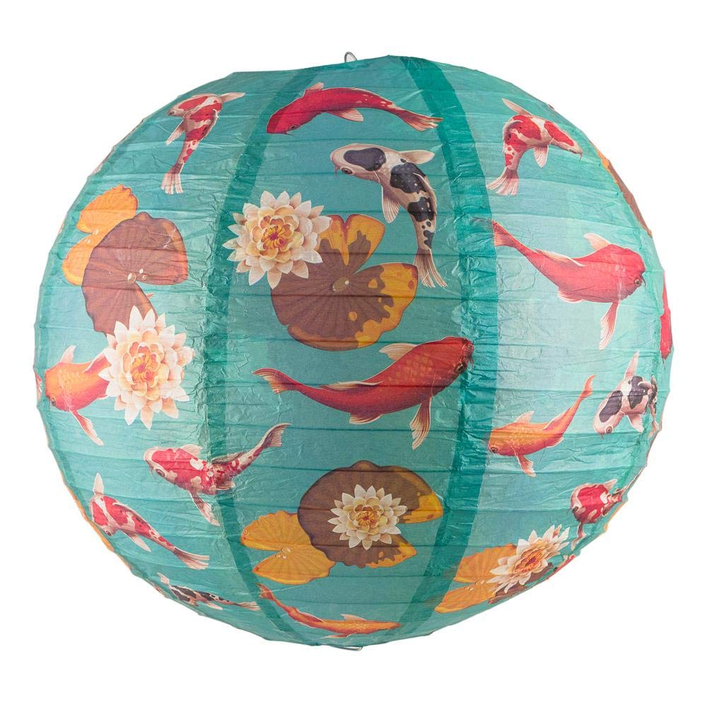 Quasimoon 14 Inch Paper Lantern - Japanese Koi Fish Pattern, Paper and Metal