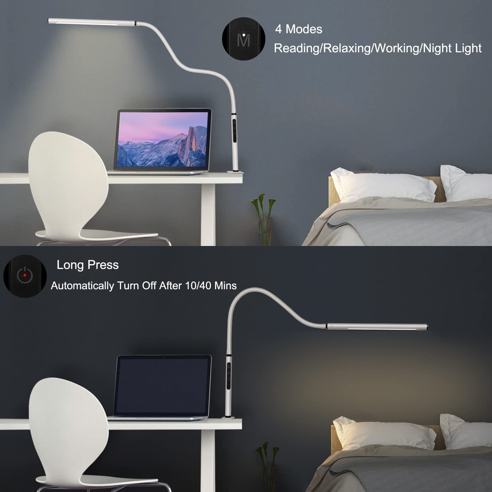 AmazLit Gooseneck Desk Lamp with Clamp, Adjustable Brightness & Colors, 12W, White, Eye-Caring Design for Home Office