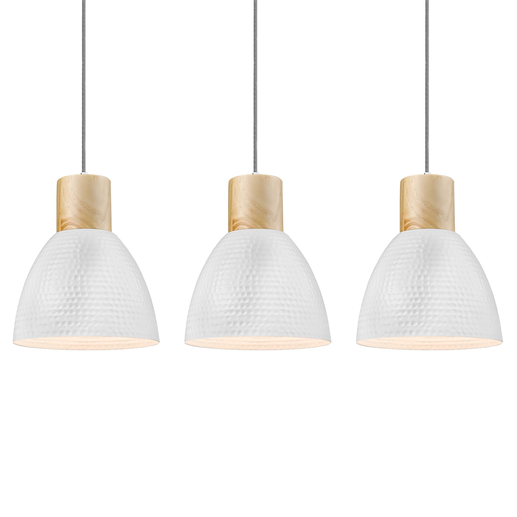Elyona 3 Pack White Hammered Pendant Lights - Nordic Solid Wood Fixtures For Kitchen & Dining