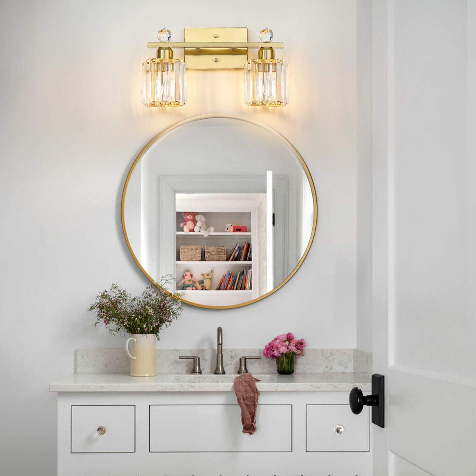 KunruiTAI 2-Light Wall Sconce, Brushed Gold Bathroom Vanity Light, K9 Crystal Shade, Modern Design for Mirror, Bedroom, Living Room
