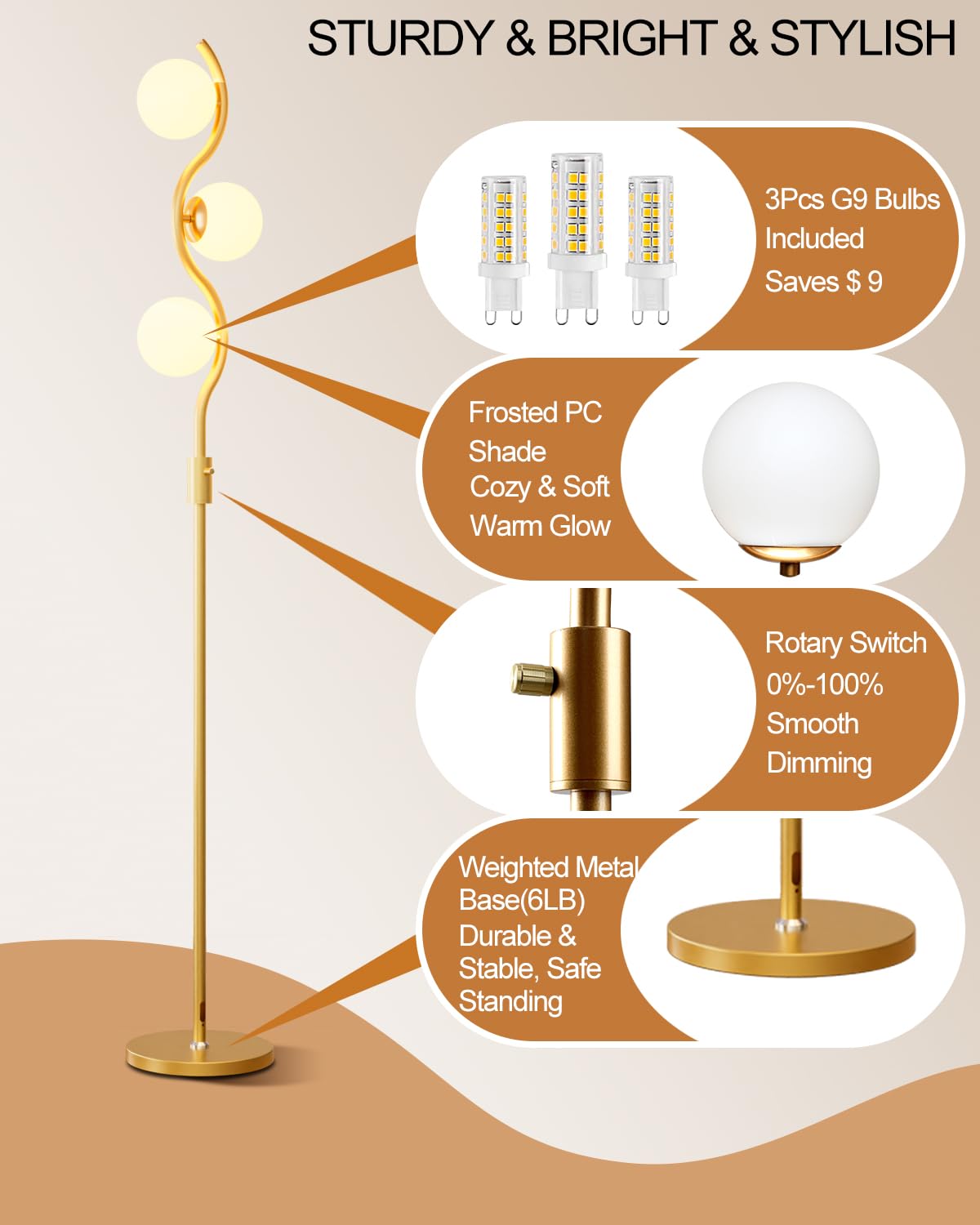Lightdot 60IN Dimmable Gold Floor Lamp, Mid Century Metal Design, 3 Globe Warm White Bulbs, Model YRFLL-E26XX-26