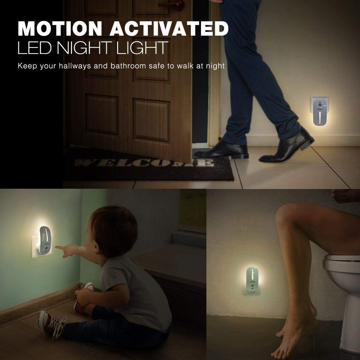 Sensky Motion Sensor Night Light Eye Friendly Front Low Light And Bright Back Light Design Night Lights For Bathroom Hallway (Wa