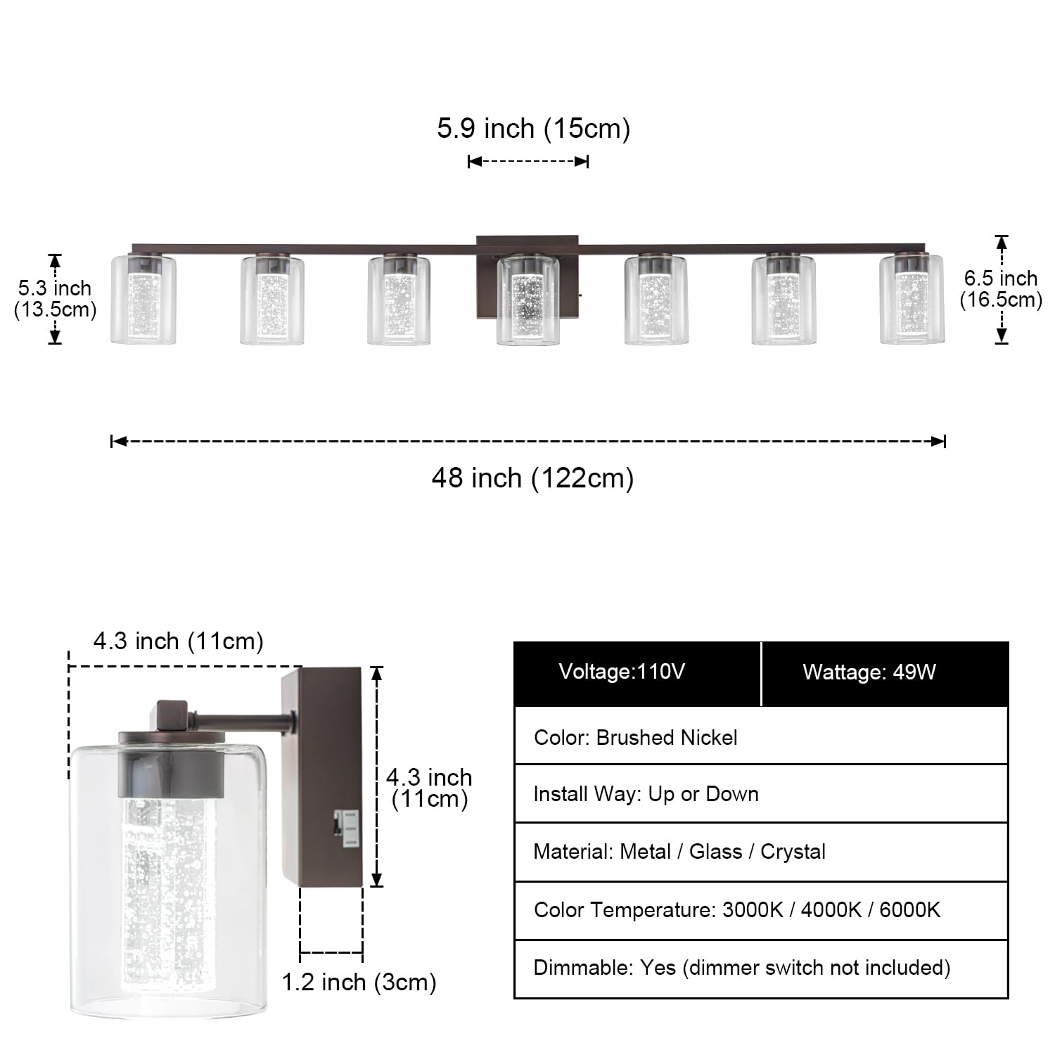 SineRise 7-Light Bronze Vanity Light, Dimmable LED Fixture with 3 Color Modes, Eye Protection Glass Shade