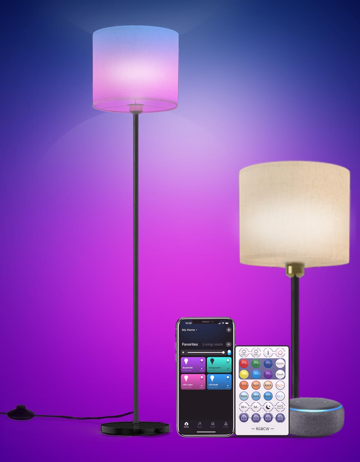 Yhw Smart Floor Lamp - White Linen Shade, Led, Color Changing, Alexa & Google Compatible