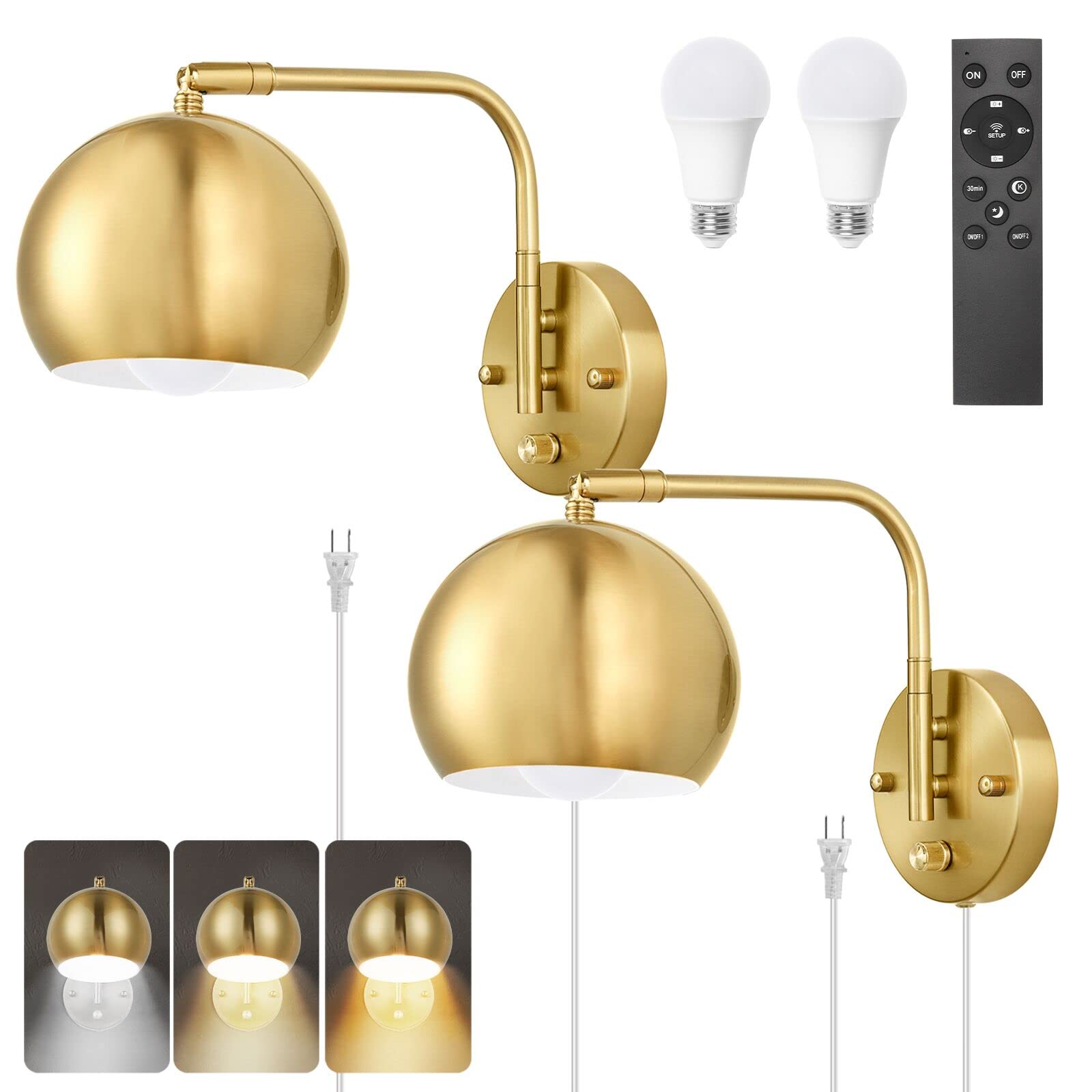 Vatoni Wall Sconce With Remote Control, Plug In Wall Sconces Dimming 0-100% And Adjustable Color Temperature 2700K-6000K, Brushe