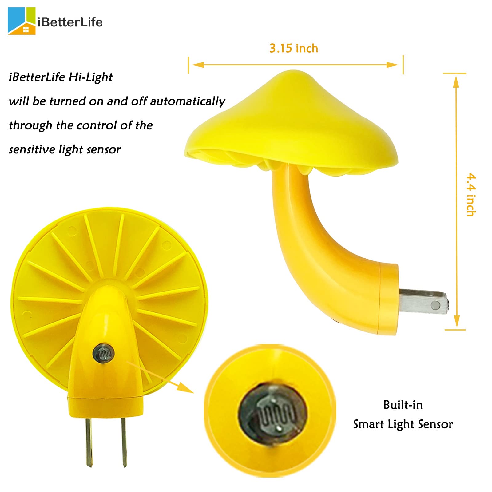 iBetterLife Mushroom Night Light - Warm Yellow LED Lamp for Bedroom, Bathroom, Hallway - Cute Cottagecore Decor