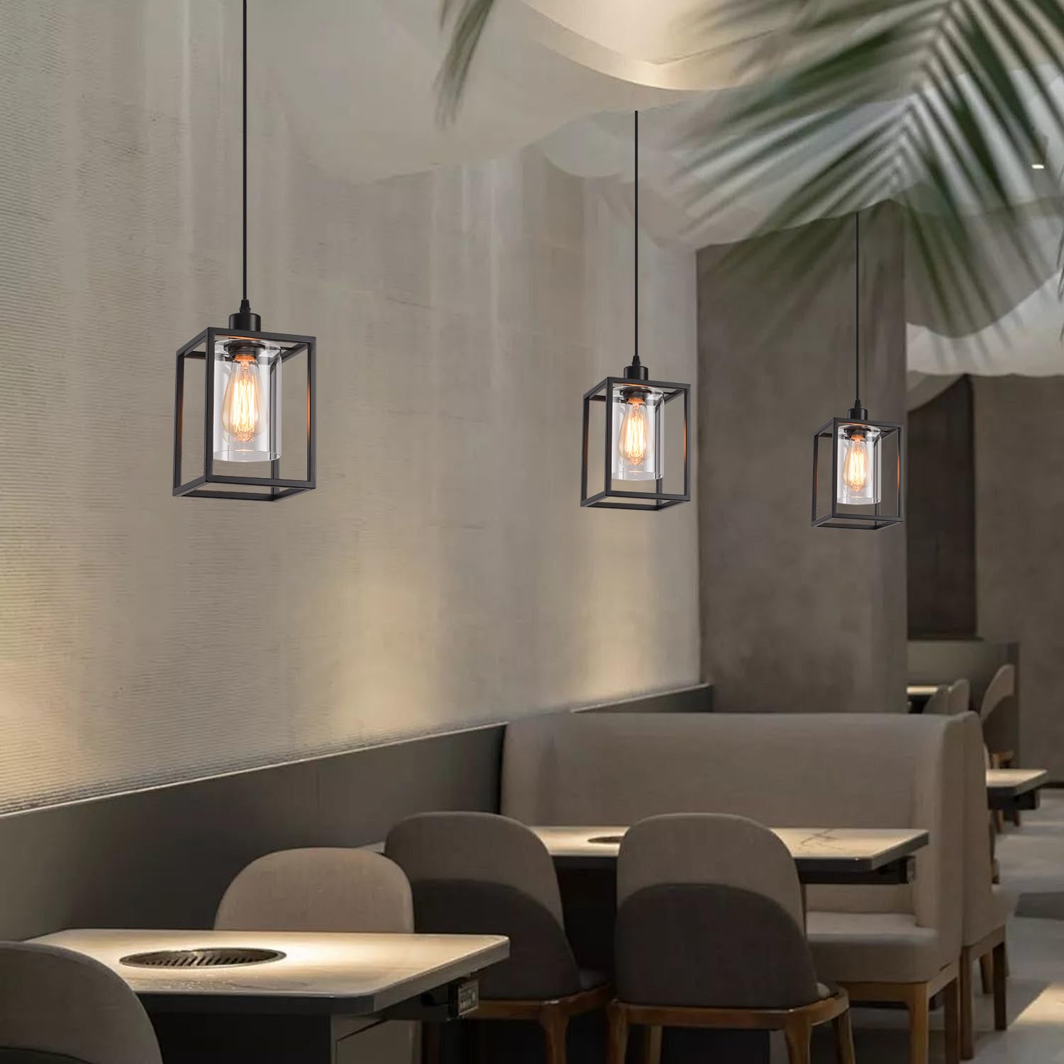 AOJUNSANSAN Black Pendant Light Fixture, Metal Glass, Adjustable Height, Industrial Lantern for Kitchen Island, Model AJ-P201