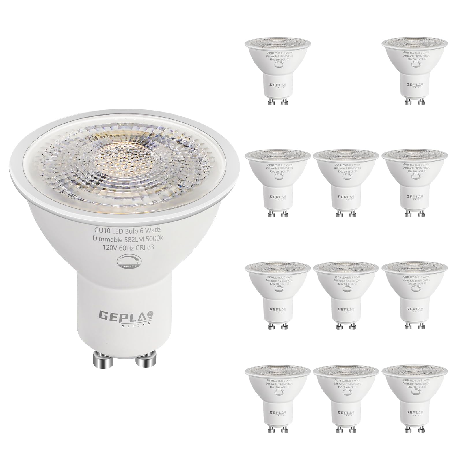 12-Pack GU10 LED Bulbs Daylight 5000K, 6W 582LM Dimmable GU10 Two Prong Light Bulb, 50W Halogen Replacement, Track Lighting,Recessed Light,Range Hood Light Bulbs