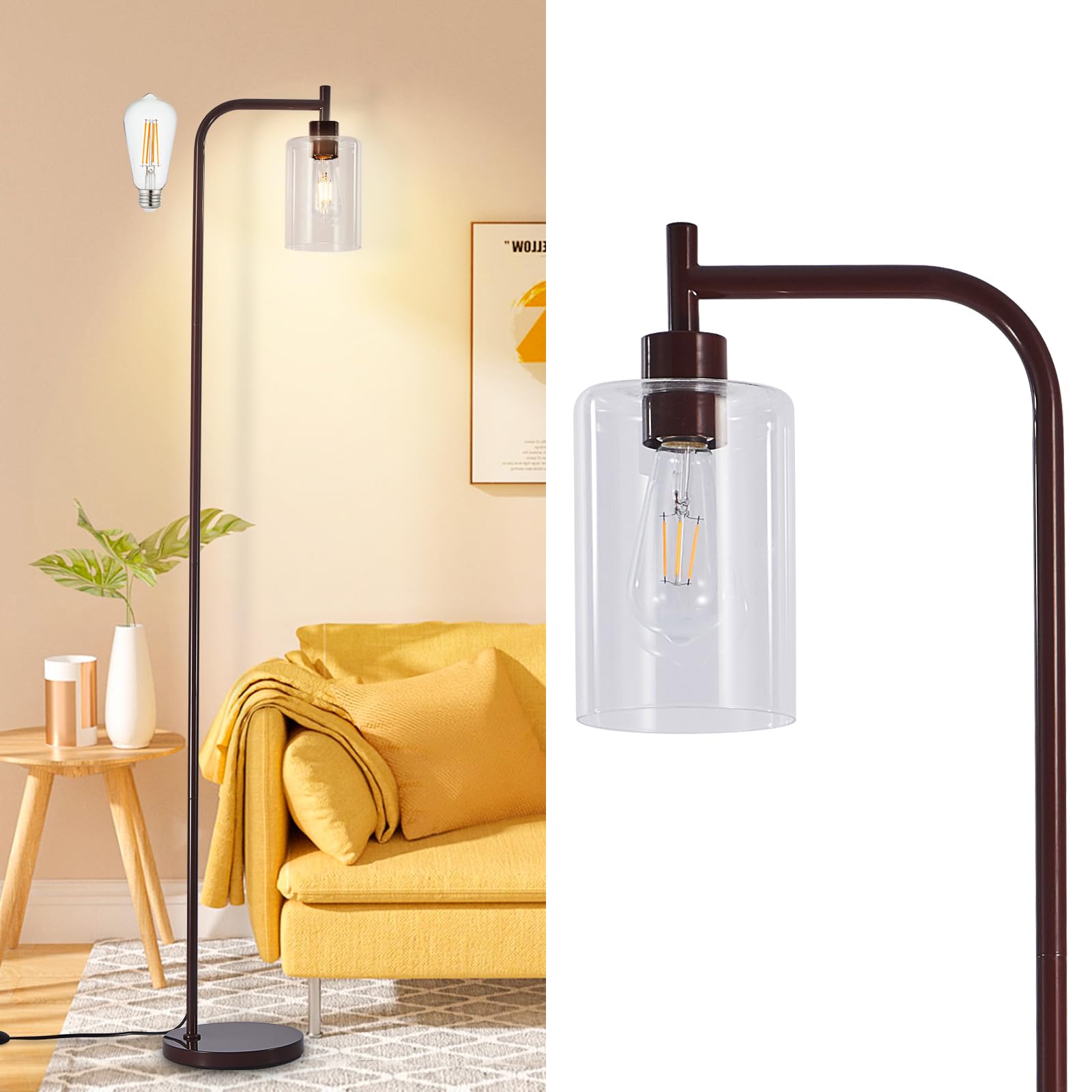 DINGLILIGHTING Floor Lamp - Modern Brown Metal Standing Lamp with Clear Glass Shade - Model WSFLL005-BR