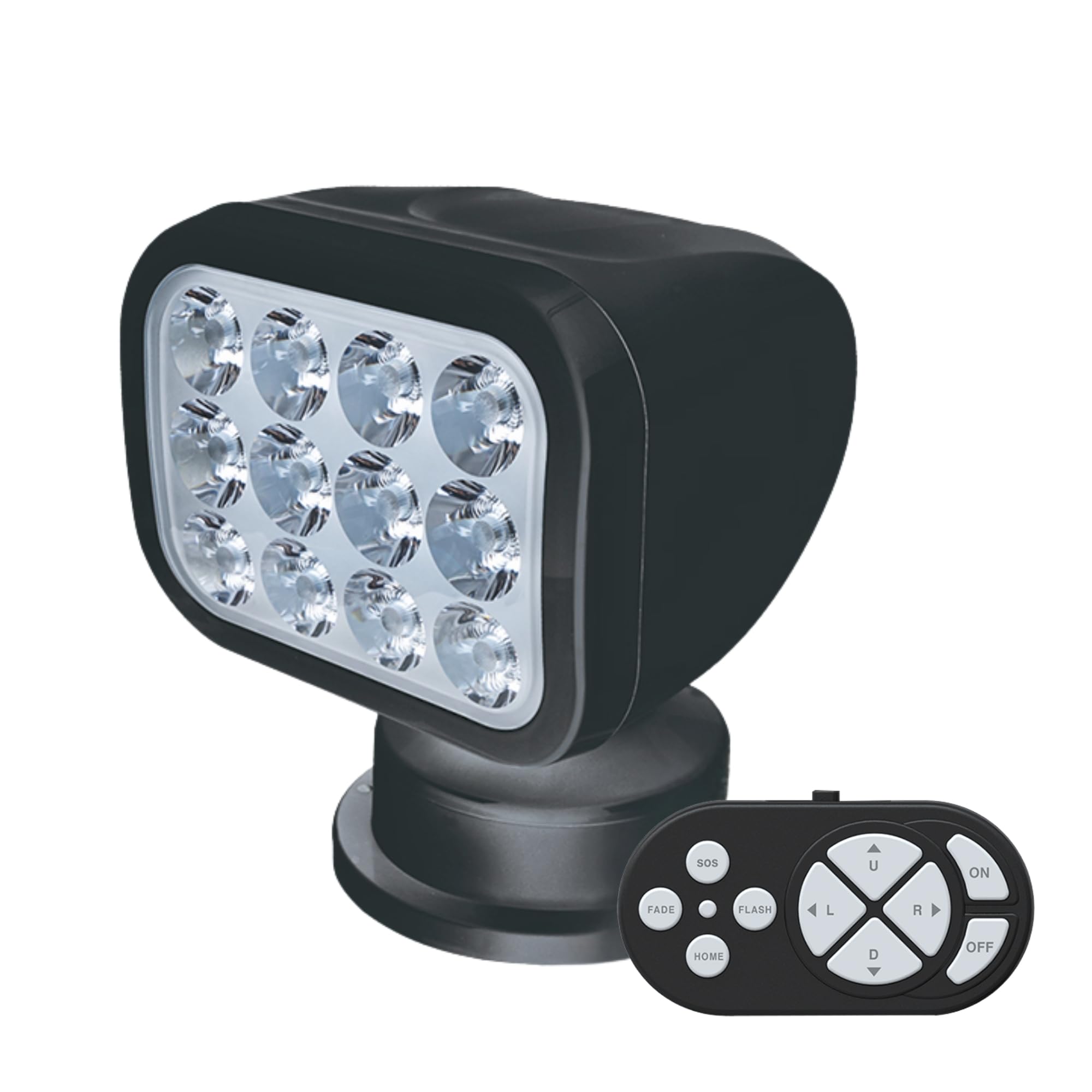 SEAFLO 360° Rotating LED Searchlight, IP66 Waterproof, 10-30V, Wireless Remote, Warm Light 2700K, Black, Model SFSL-2700Y
