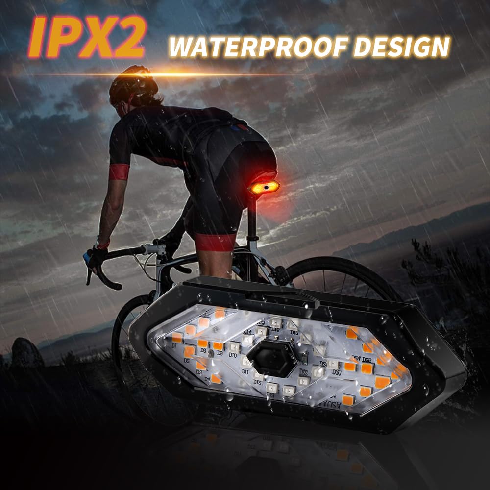 Teguangmei Bike Tail Light with Turn Signals, USB Rechargeable Rear Bike Light Wireless Remote Control with Bike Alarm, 5 Modes