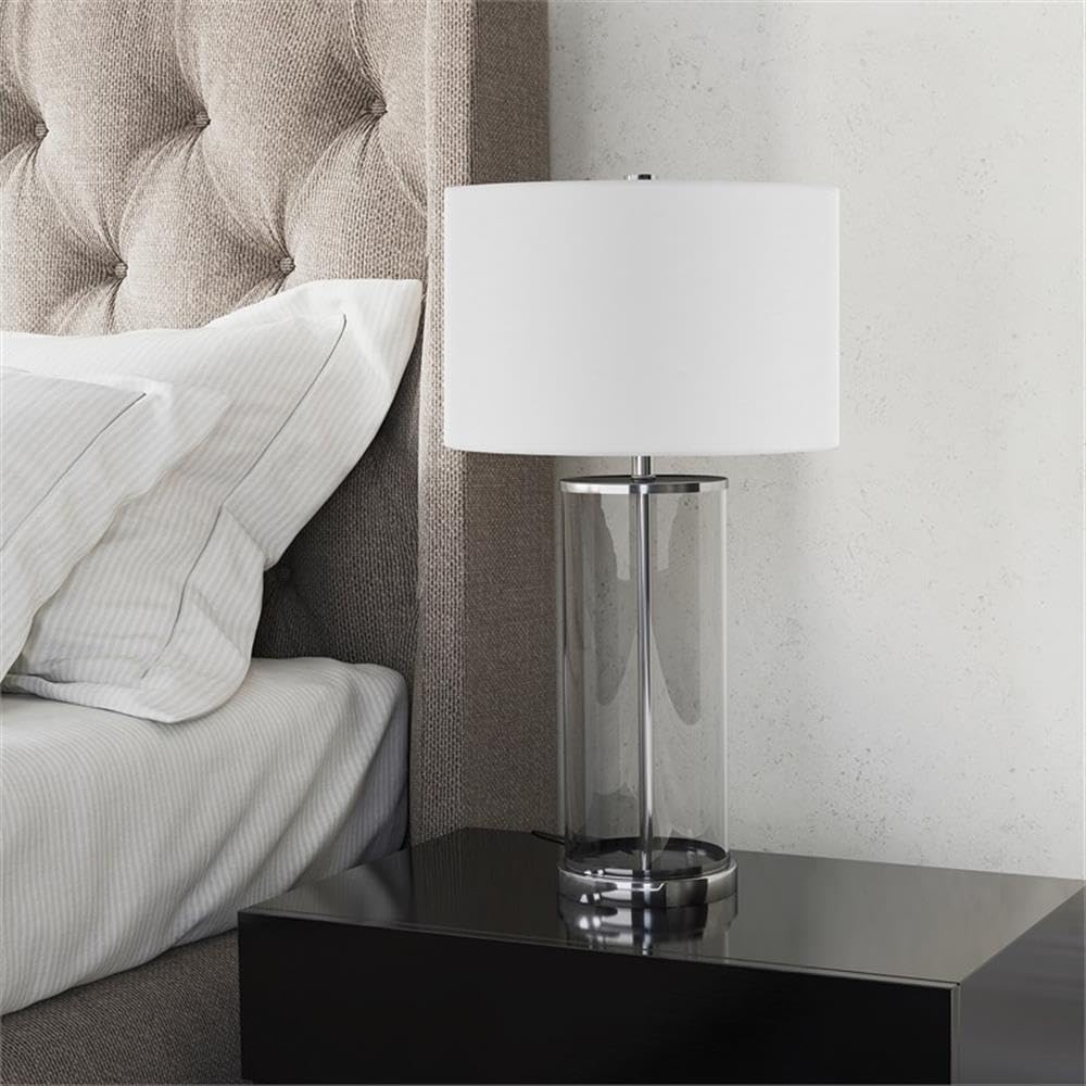 Henn&Hart 28 Tall Table Lamp with Fabric Shade in Clear Glass/Polished Nickel/White, Lamp, Desk Lamp for Home or Office