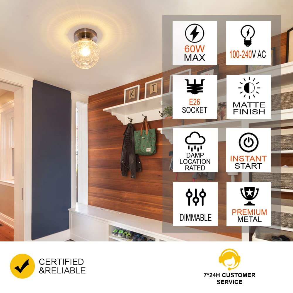 Dsmjfu Brushed Nickel Semi Flush Mount Ceiling Light, Small Blowing Clear Glass Shade Ceiling Light Fixtures For Bedroom Closet