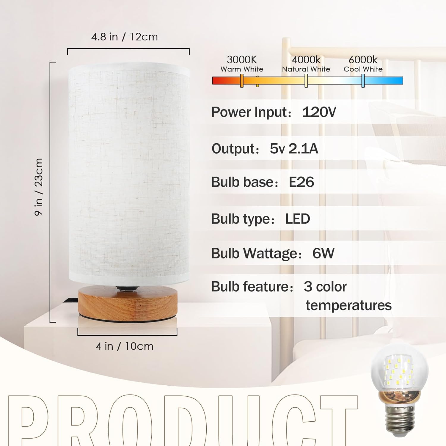 3-Color Adjustable Bedside Table Lamp For Bedroom,Minimalist Wood Base&Round Fabric Shade,Cozy Lighting Nightstand Boho Lamp,Stu