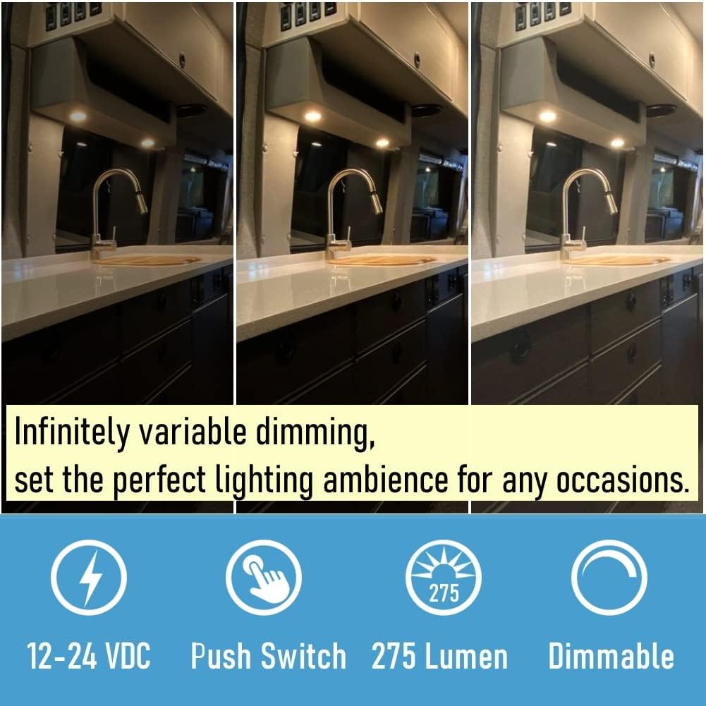 Acegoo 12V Led Puck Light Rv Boat Recessed Ceiling Light With On Off Dimming Switch 12 Volt Down Light For Camper Van Truck Trailer Interior Lighting, Flush Mount 2-Pack (Matte Black 3000K)