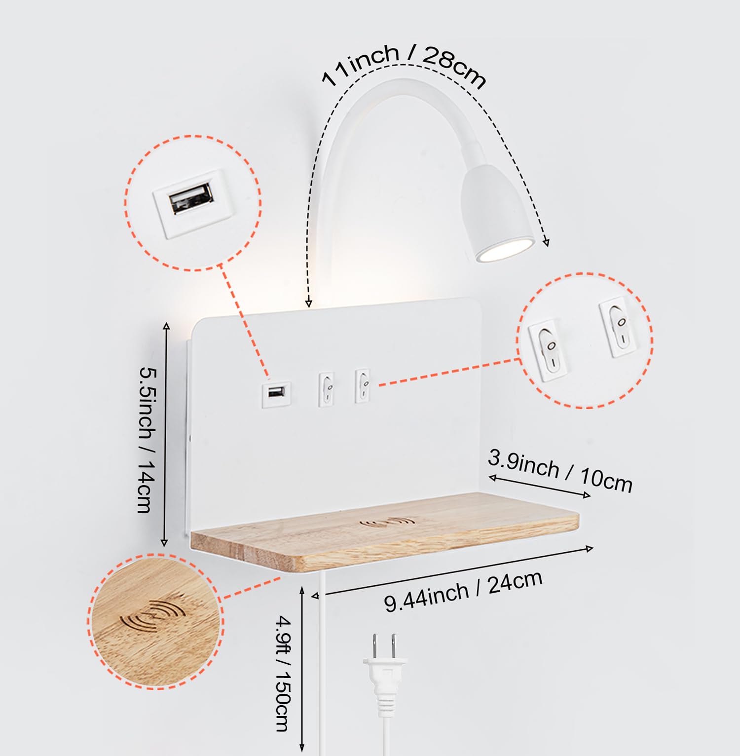 White Led Reading Wall Lights With Wireless Charging, Usb Charging Port, 3-Way Dimmable Wall Sconce Bedroom, Hardwire Or Plug-In
