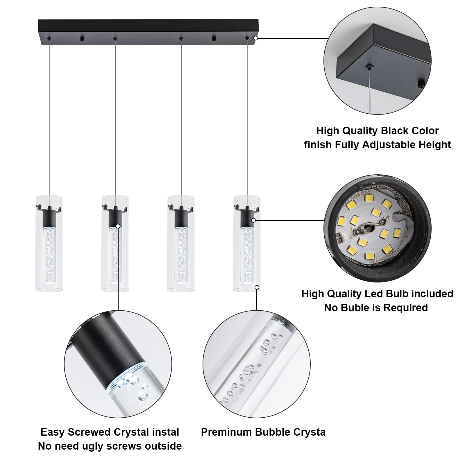 votag Pendant Light Fixtures, 4-Light Dimmable Aluminum Pendant, Black Finish, Model PI-0172A4-32W-BK