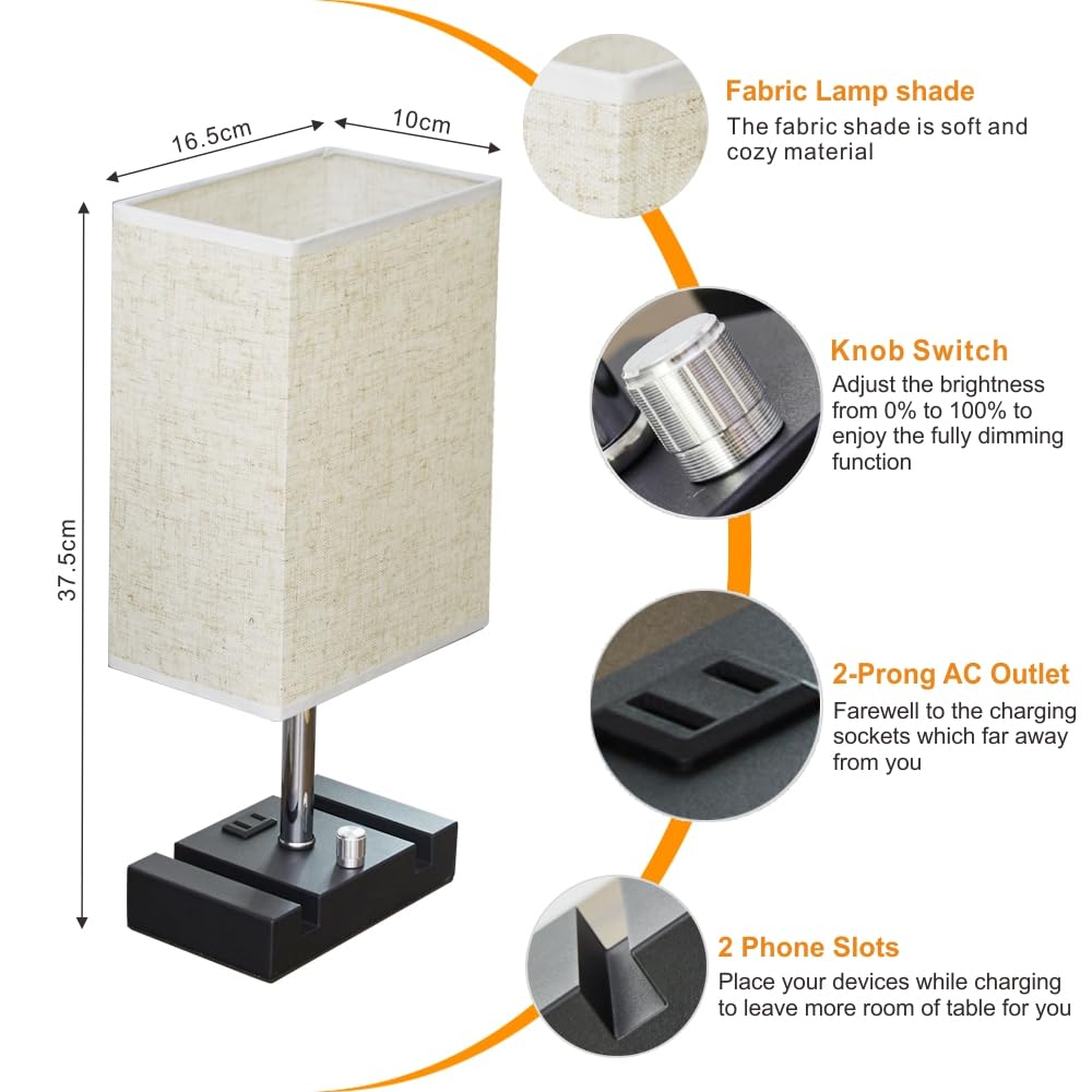 Lifeholder Bedside Lamp, Usb & Type-C Ports, Iron Material, Touch Linen Fabric, Model Lh-T23-F, Warm White Bulb Included